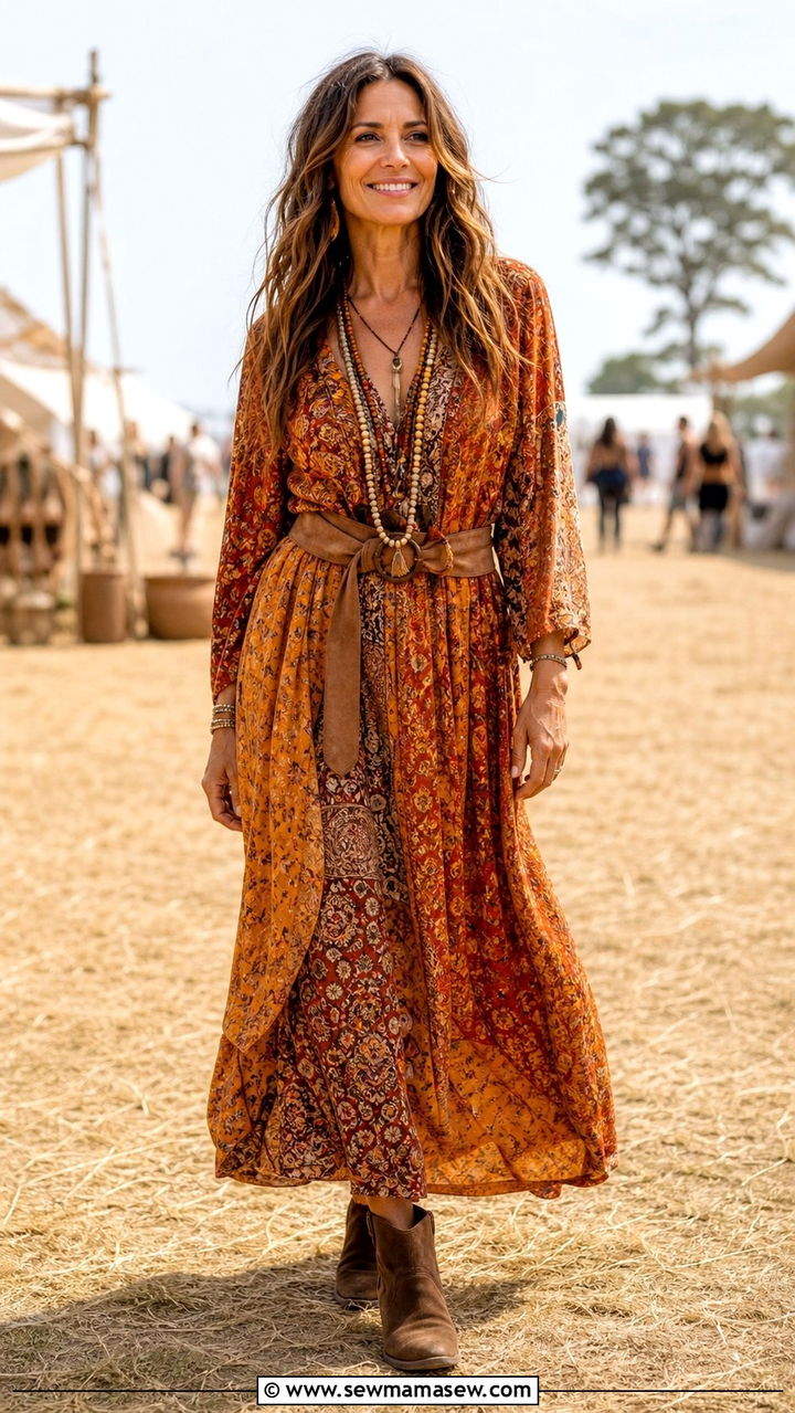 Boho maxi dress with a suede belt and ankle boots - 40 Outfit ideas for women over 40