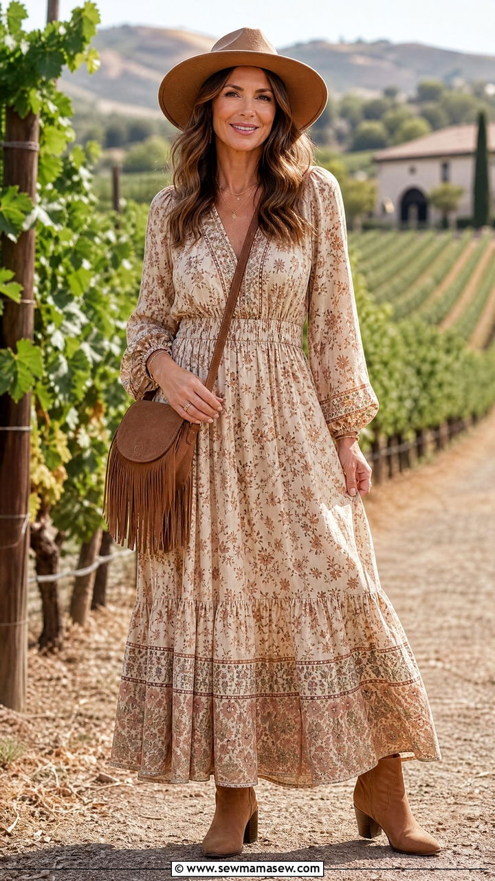 Boho maxi dress with a wide brim hat and ankle boots - 35 Midsize outfits for women over 40