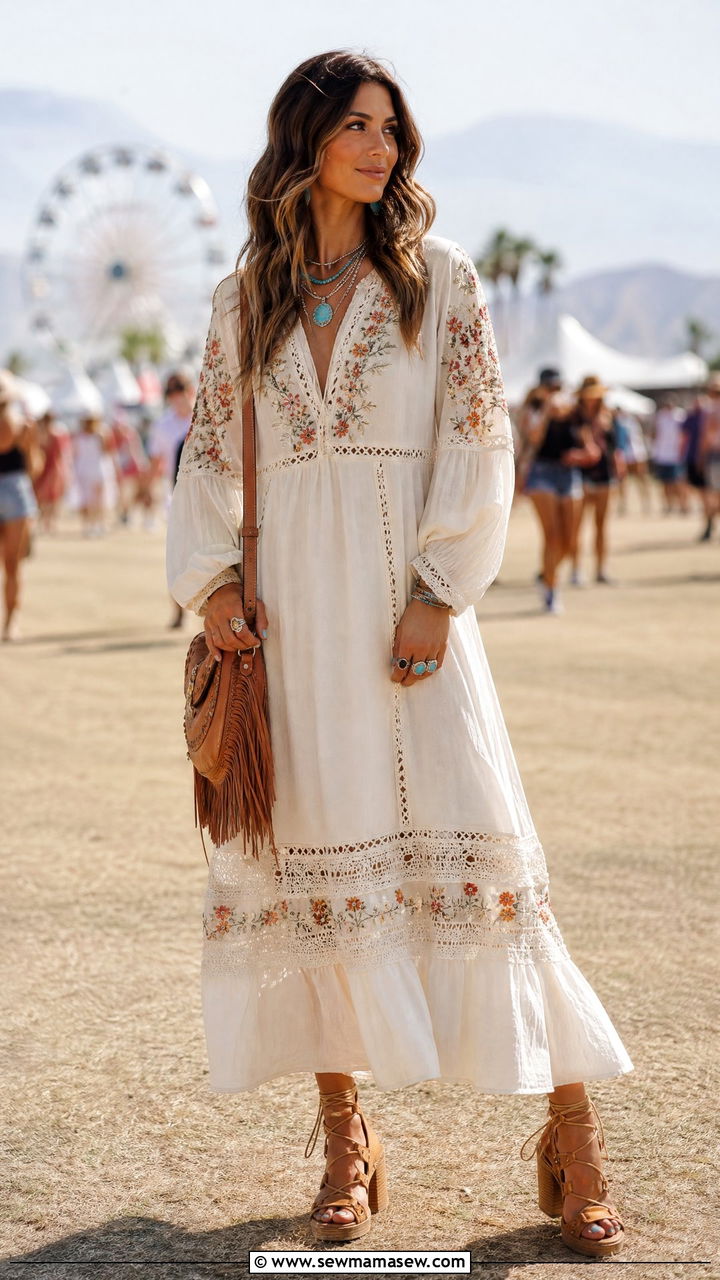 Boho maxi dress with block heels - 30 summer outfits with block heels