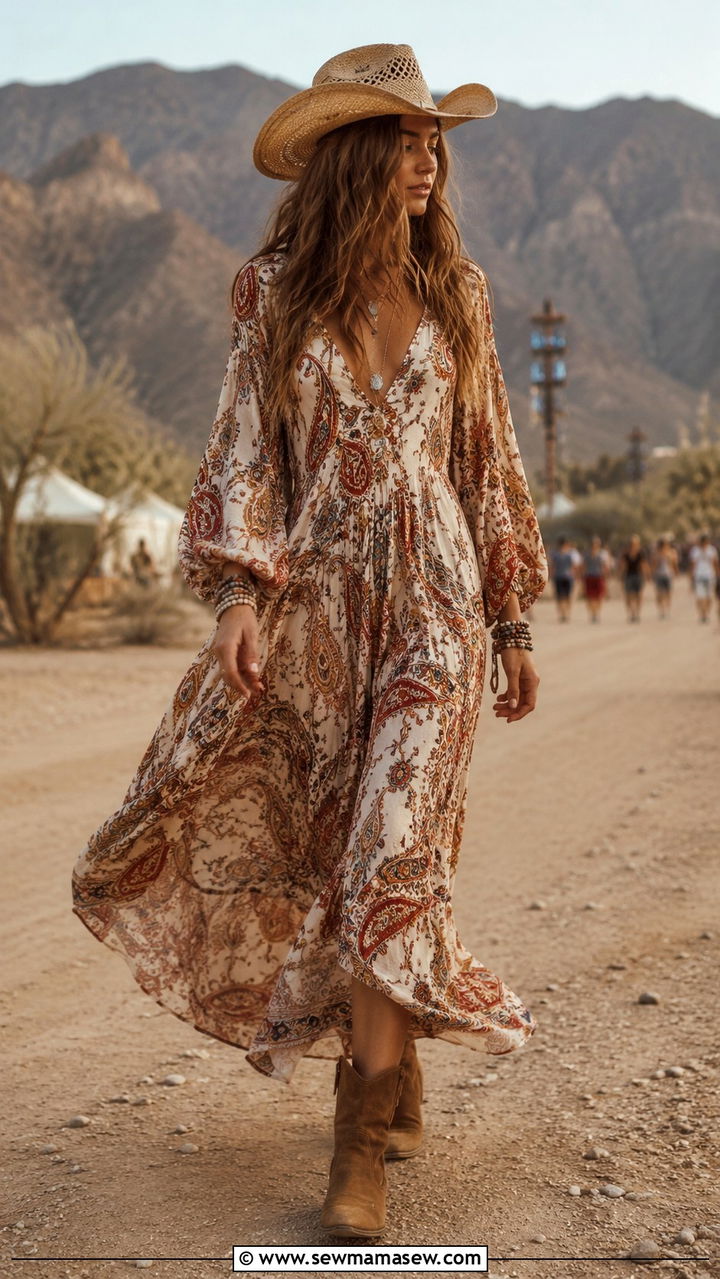 Boho maxi dress with cowboy hat - 25 Western outfit ideas with cowboy hat