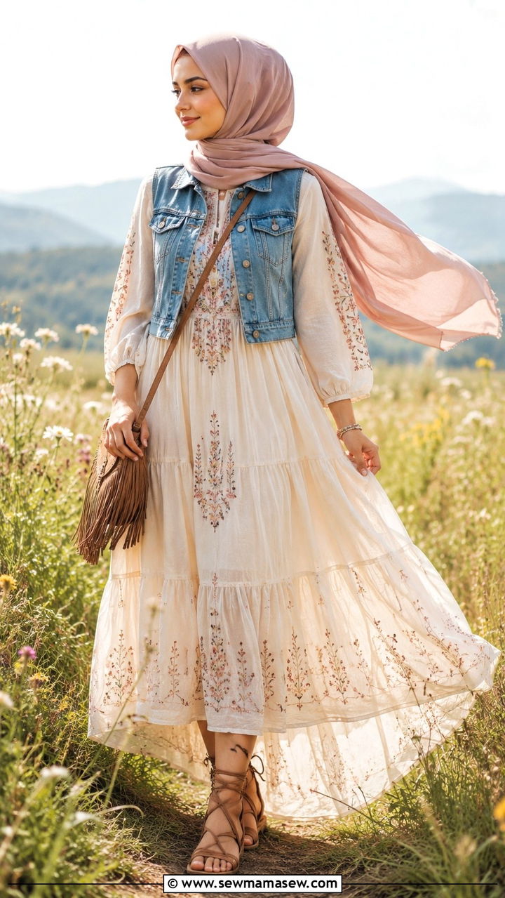 Boho maxi dress with cropped denim vest - 25 Vacation outfit ideas Muslim women