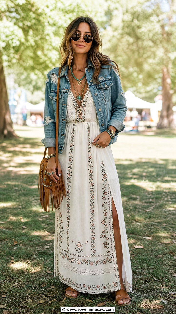 Boho maxi dress with denim jacket outfit - 30 Maxi dress outfit ideas with a denim jacket