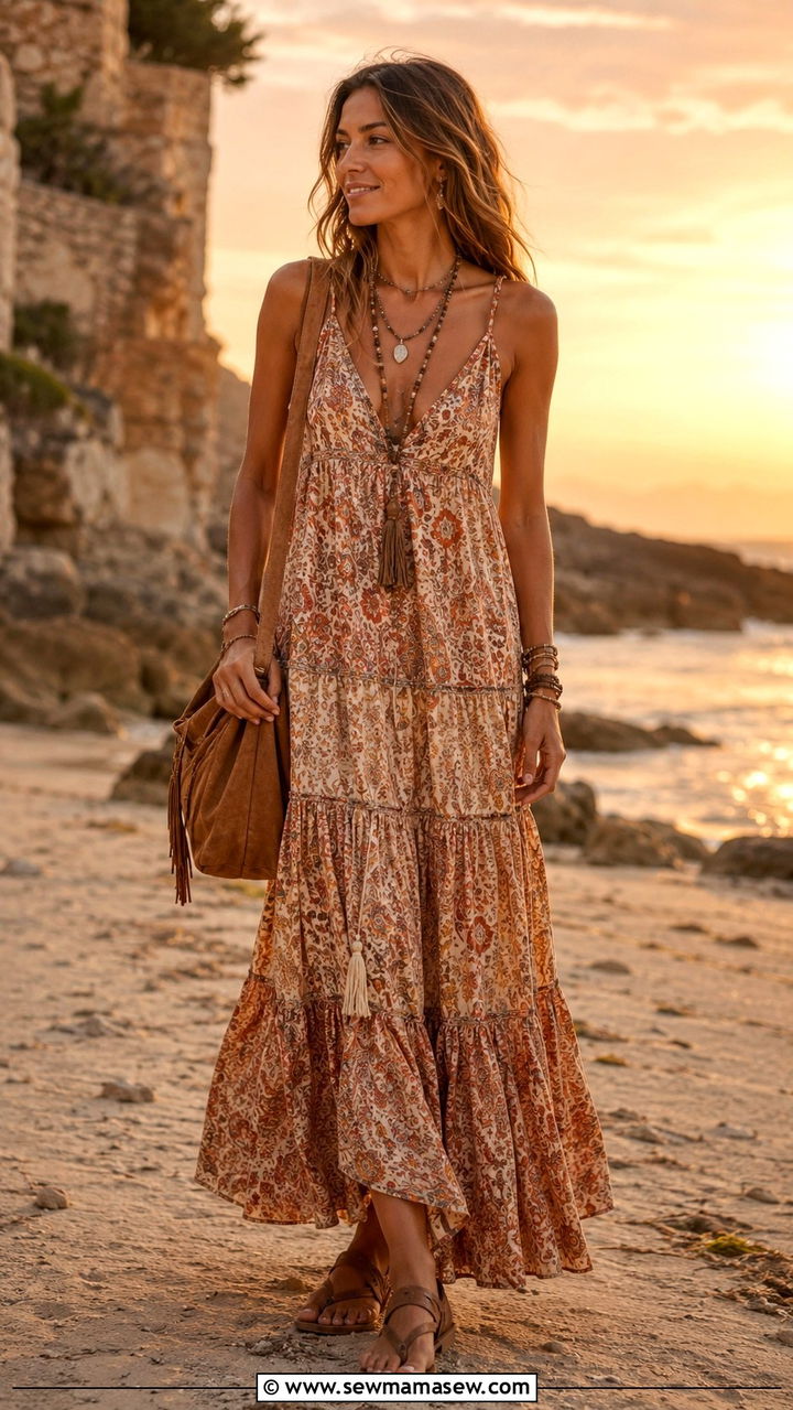 Boho maxi dress with flat sandals - 25 Balmy evening outfit ideas