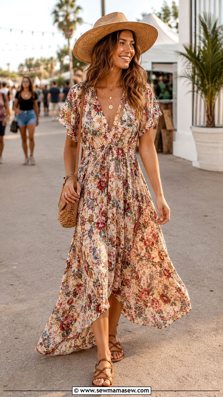 Boho maxi dress with flat sandals - 30 cute summer concert outfits
