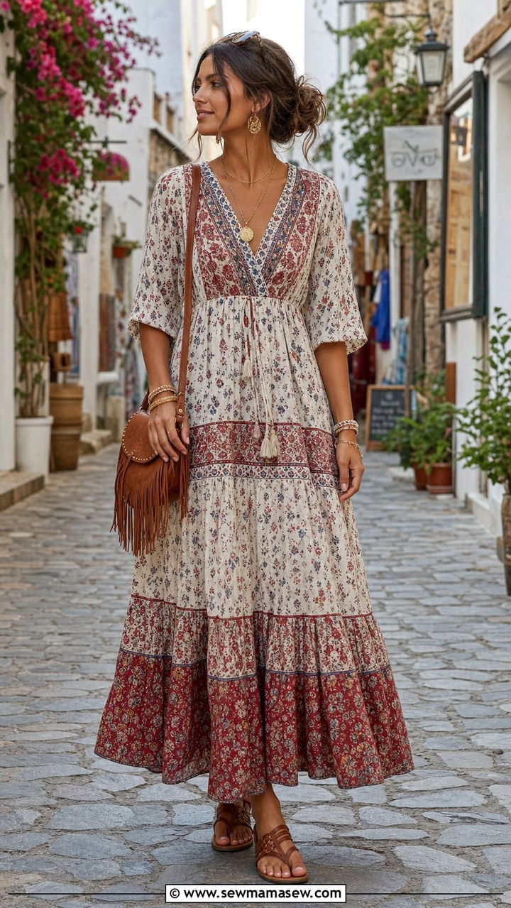 Boho maxi dress with gold coin necklace - 25 summer outfits with gold jewelry