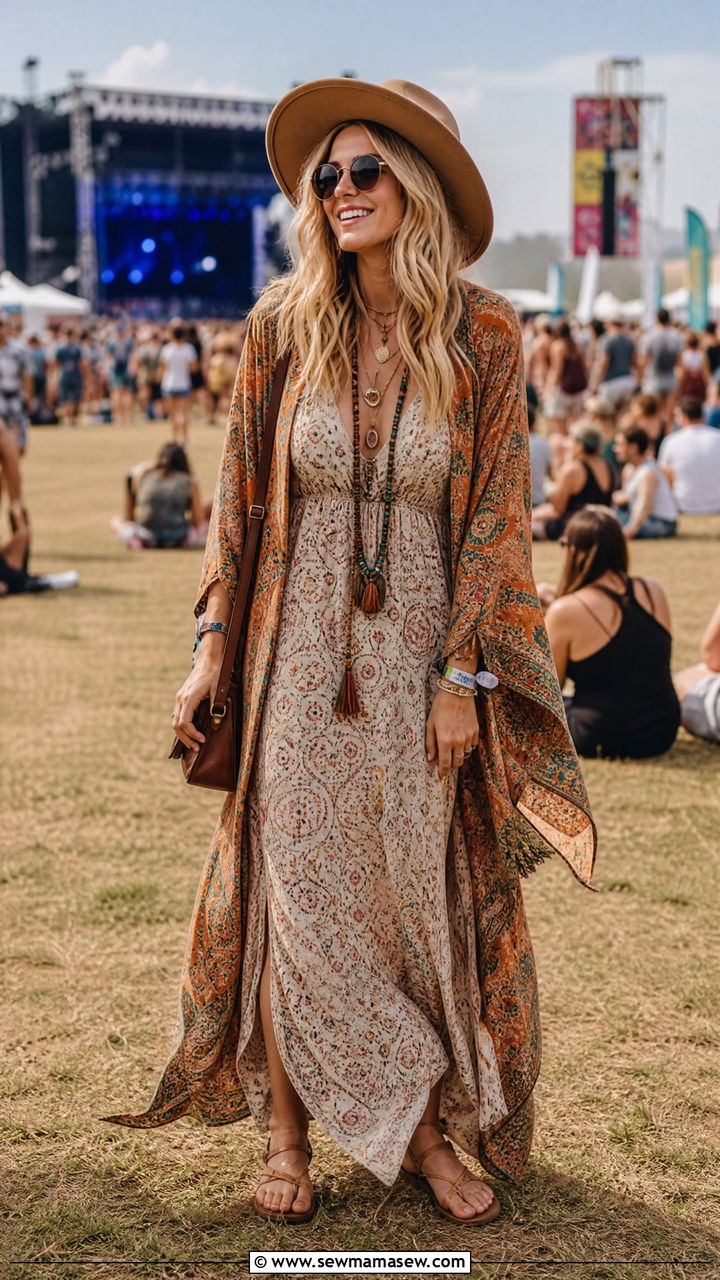 Boho maxi dress with kimono style cardigan - 30 Maxi dress outfit ideas with a cardigan