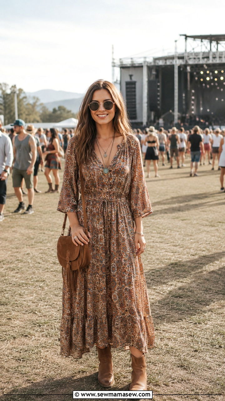 Boho maxi dress with layered necklaces and ankle boots - 30 modest summer concert outfit ideas
