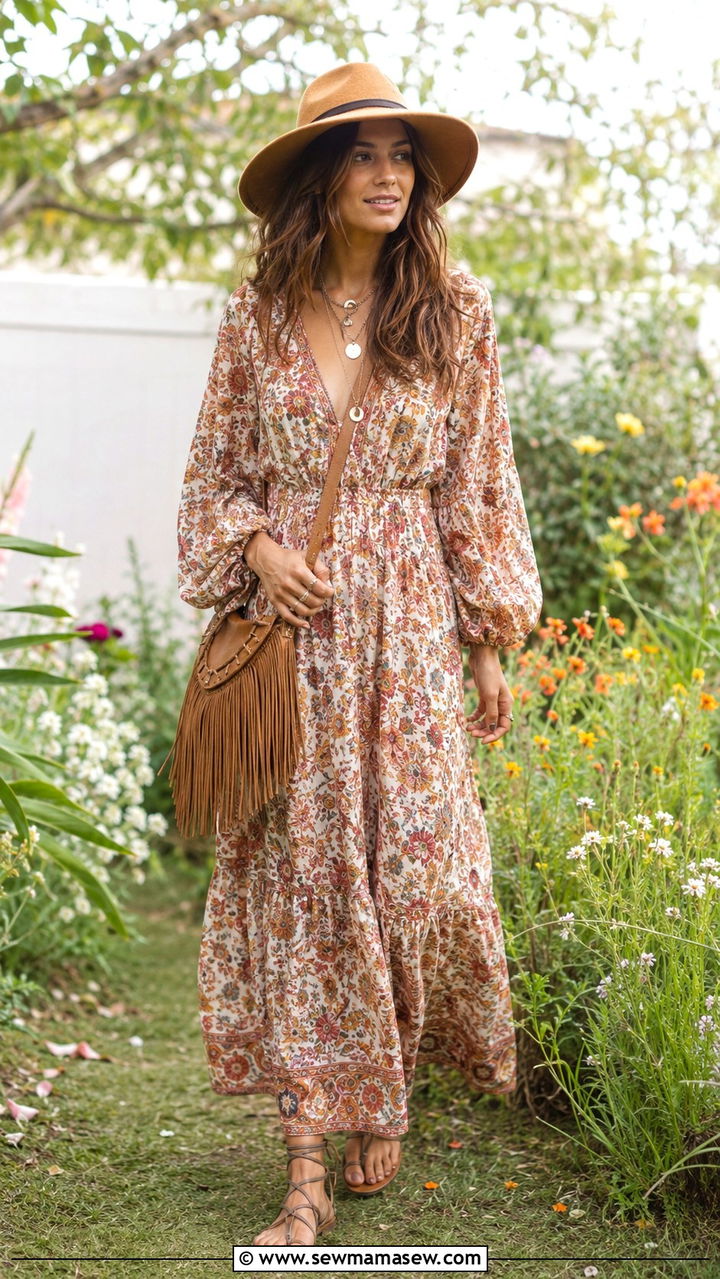 Boho maxi dress with layered necklaces and flat sandals outfit - 30 Spring backyard outfits