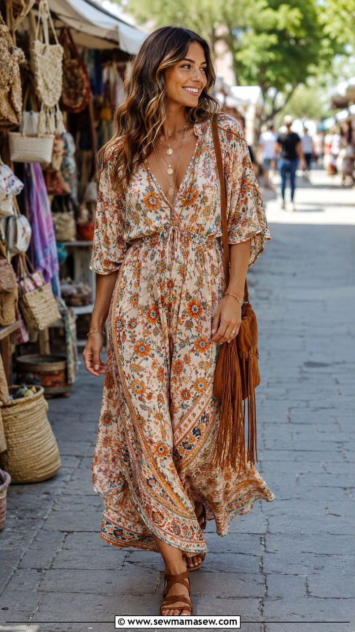 Boho maxi dress with layered necklaces spring outfit - 30 Spring outfits with dresses