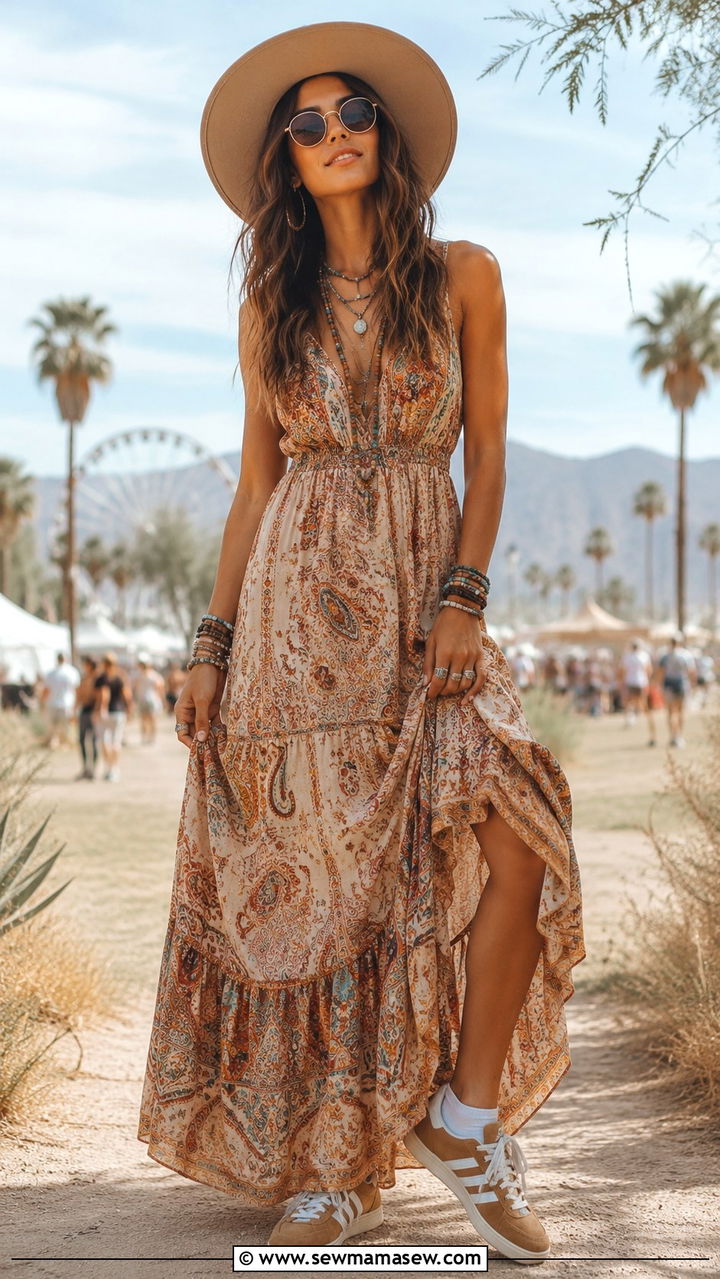 Boho maxi dress with retro sneakers - 30 Maxi dress with sneakers outfit ideas