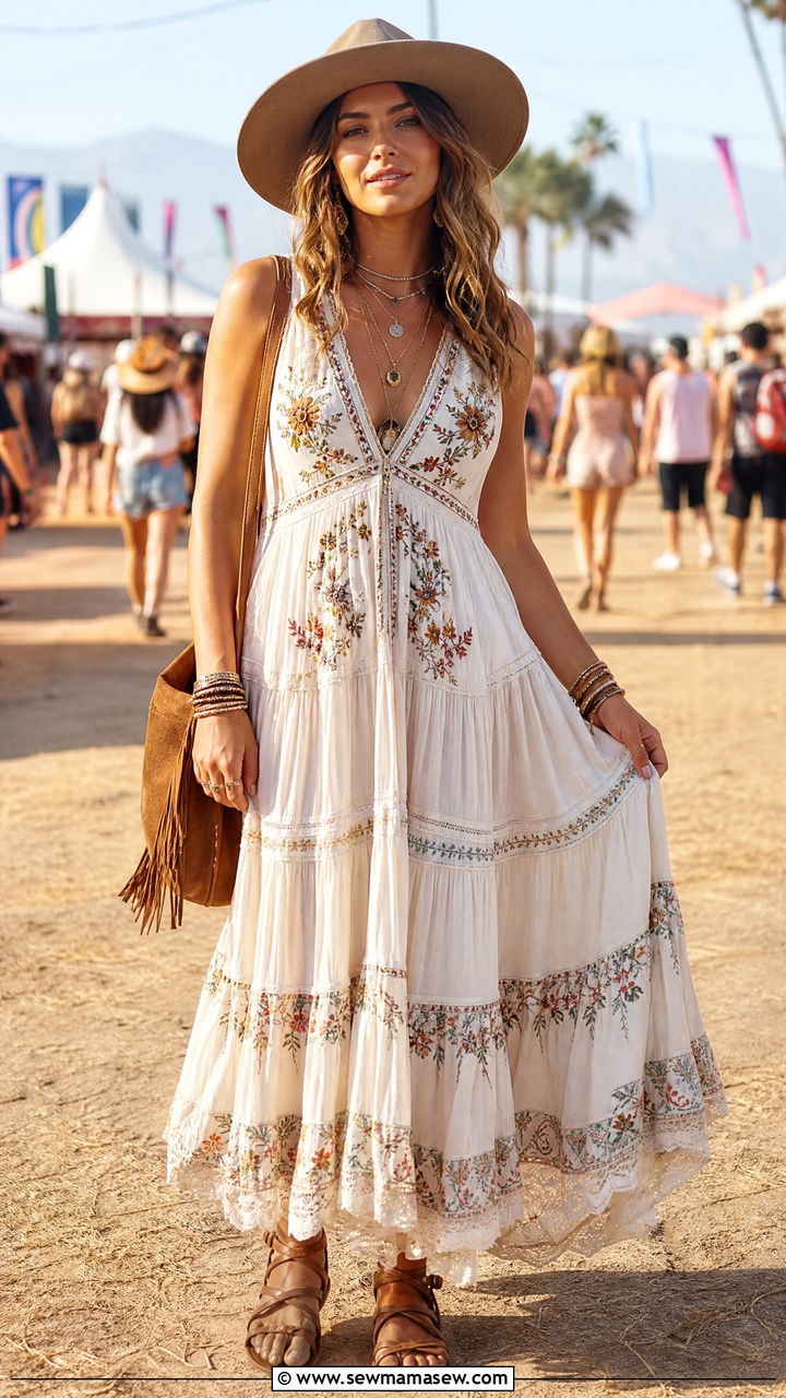 Boho maxi dress with sandals and layered necklaces - 35 How to style a maxi dress