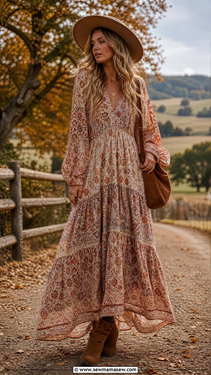 Boho maxi dress with suede ankle boots and layered necklaces - 40 trendy outfits