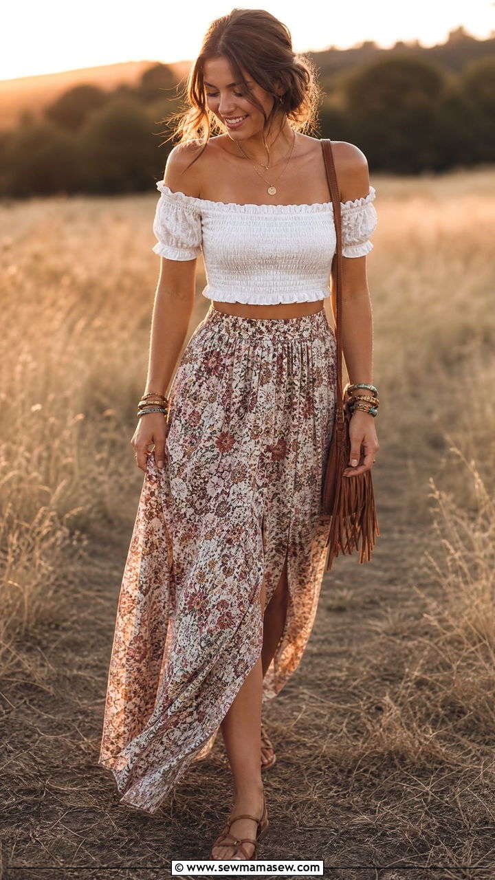 Boho maxi skirt and off shoulder top with flat sandals - 30 summer outfits with flat sandals