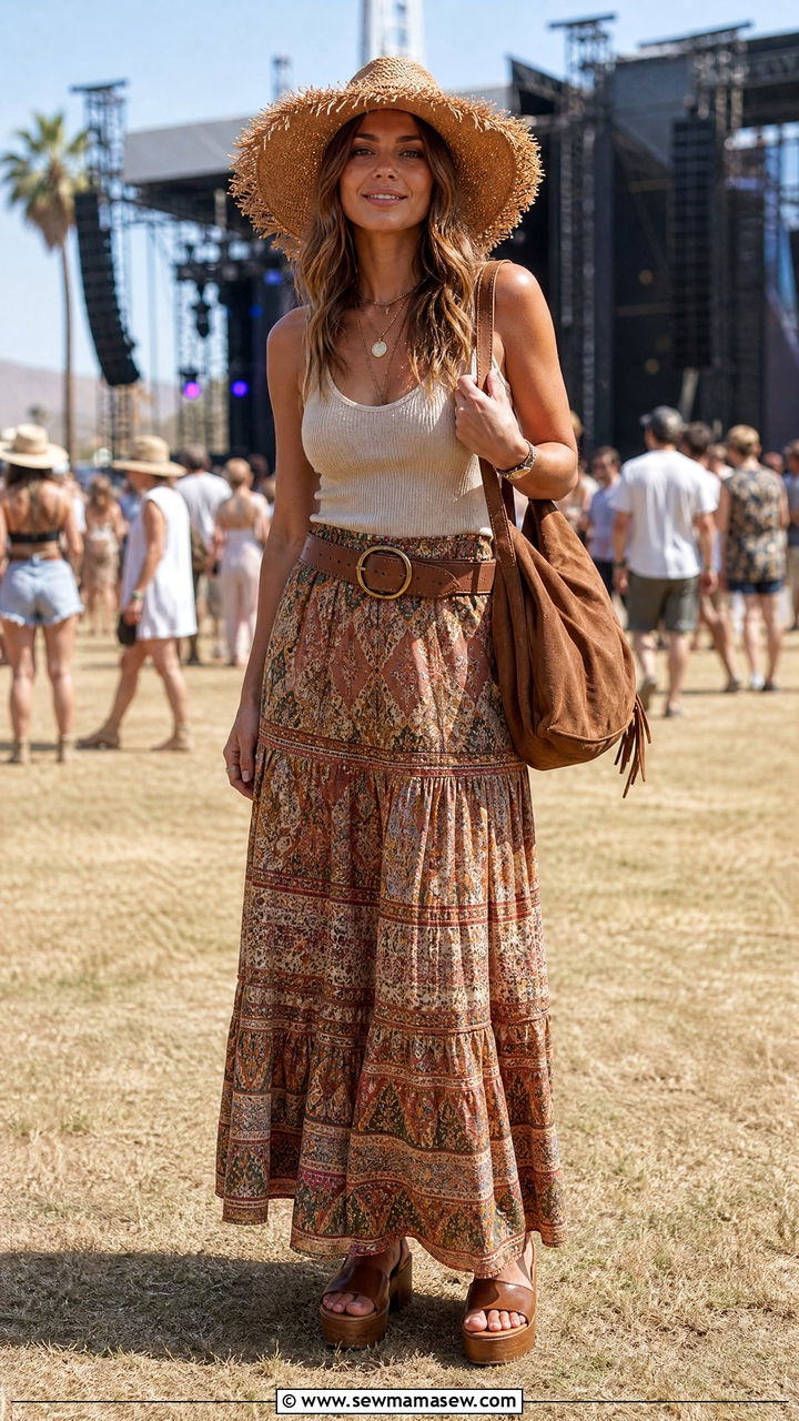 Boho maxi skirt and tank top with straw hat - 30 summer outfits with straw hat