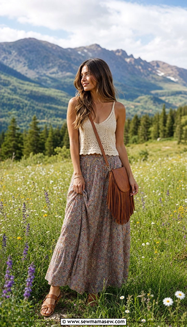 Boho maxi skirt with a crochet tank and flat sandals - 25 Summer cabin outfits