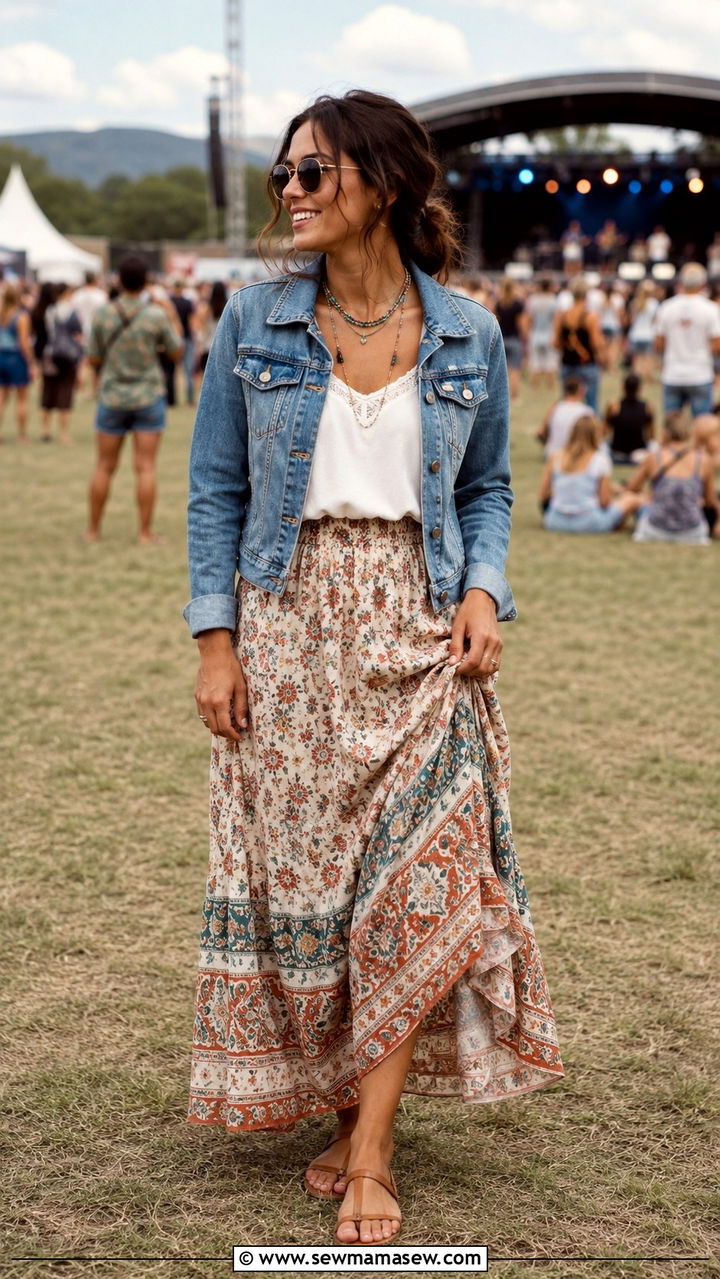 Boho maxi skirt with cami top and denim jacket - 30 Spring outfits for short women