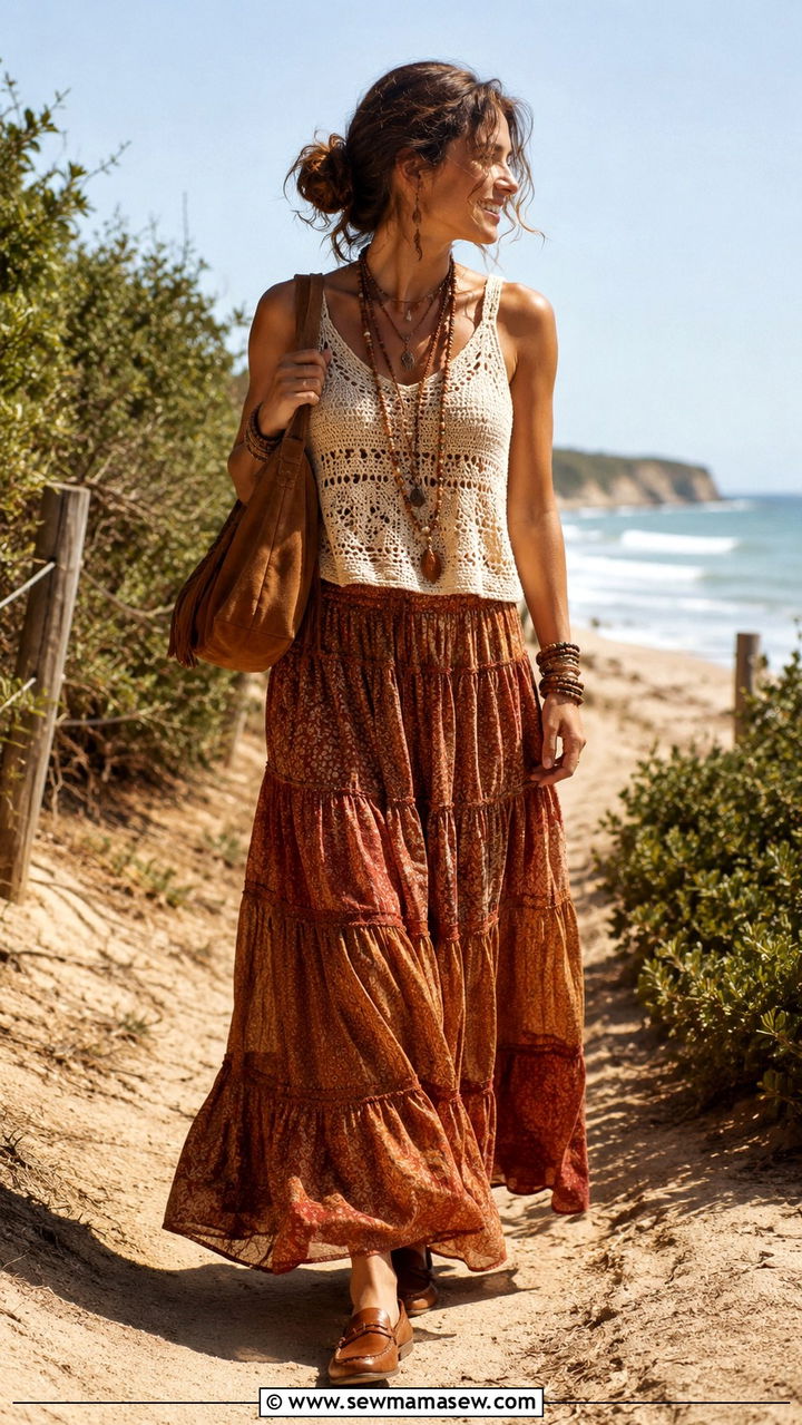 Boho maxi skirt with crochet top and flat loafers - 30 Loafers outfit ideas with a skirt