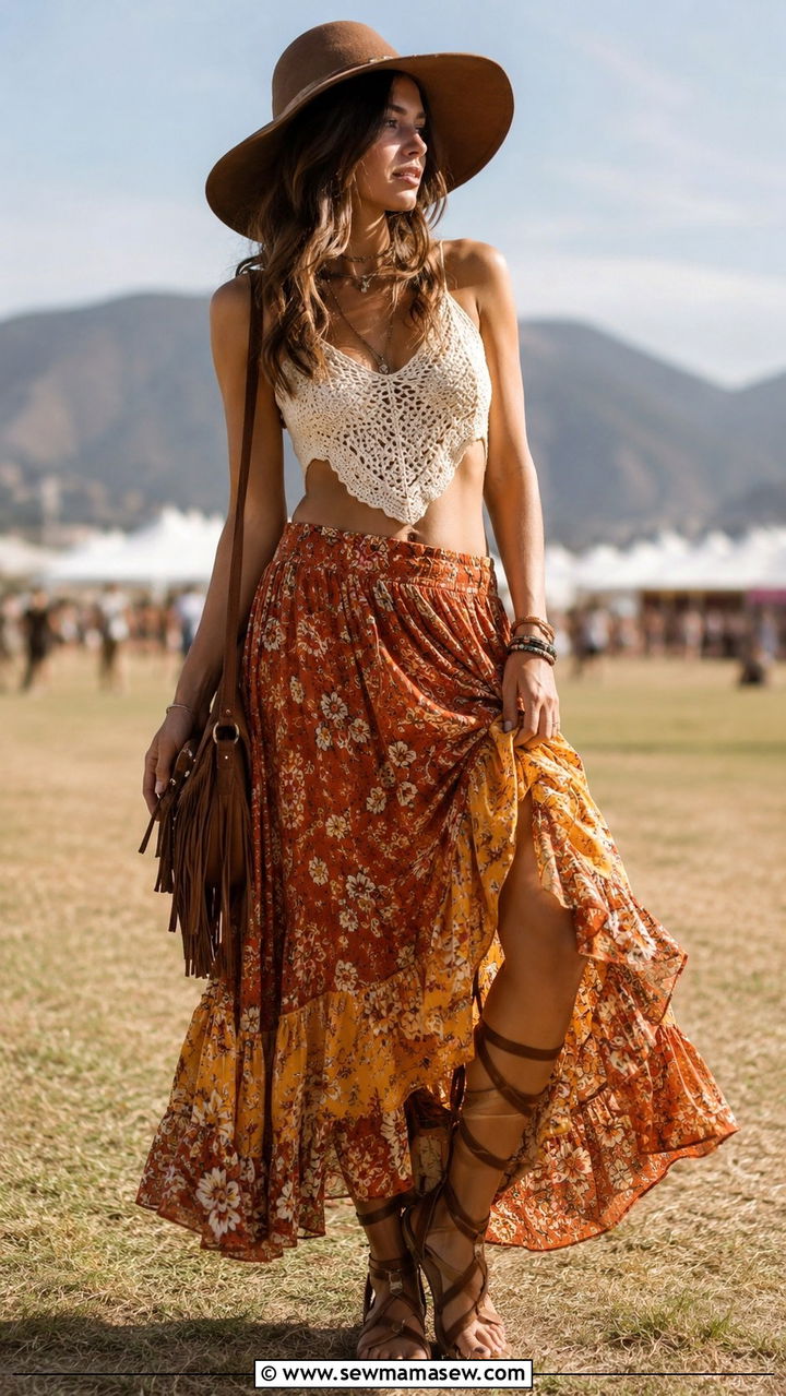 Boho maxi skirt with crochet top and gladiator sandals - 30 How to style a maxi skirt
