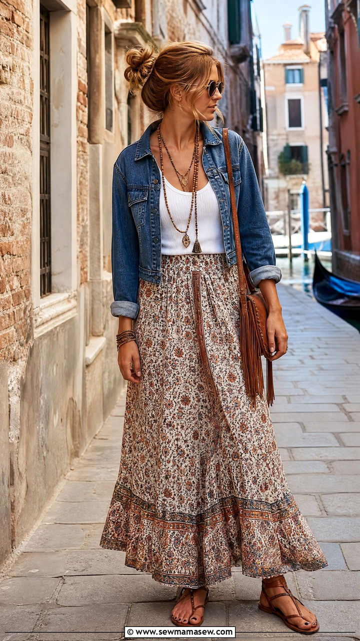 Boho maxi skirt with denim jacket Venice - 40 What to wear in Venice