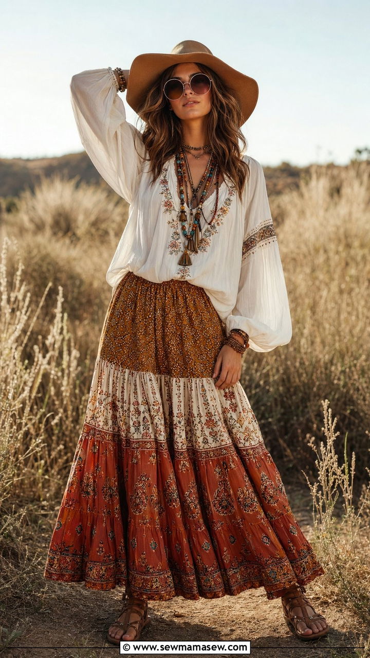 Boho maxi skirt with embroidered blouse outfit - 35 70s inspired outfits