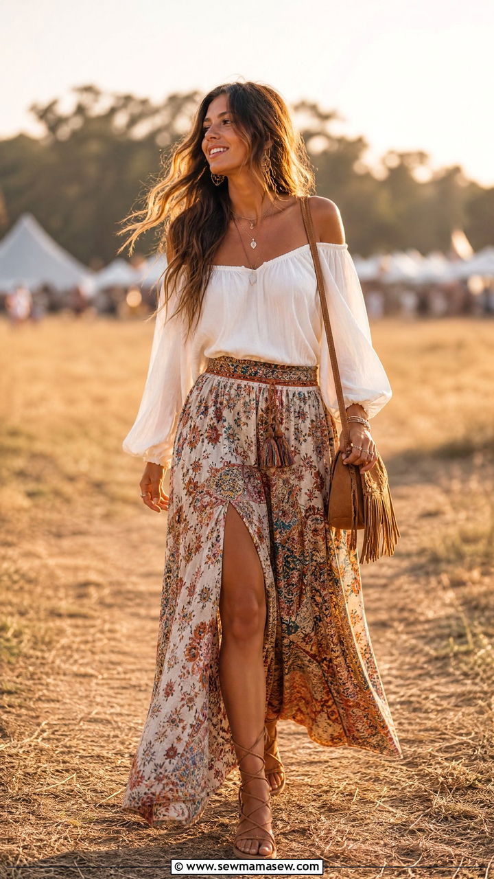 Boho maxi skirt with off shoulder blouse - 30 Summer outfits with maxi skirts