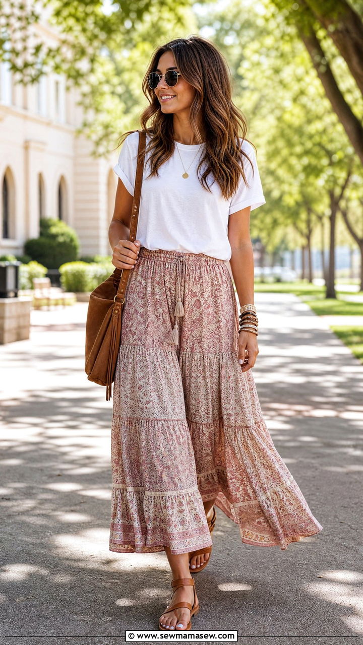 Boho maxi skirt with tee and sandals outfit - 30 Substitute teacher outfit ideas