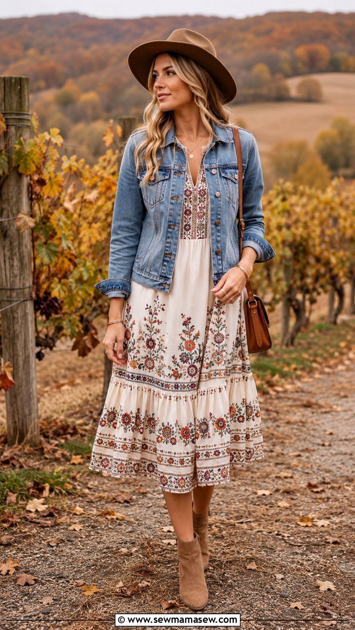 Boho midi dress with denim jacket and suede ankle boots - 30 Midi dress with denim jacket outfit ideas