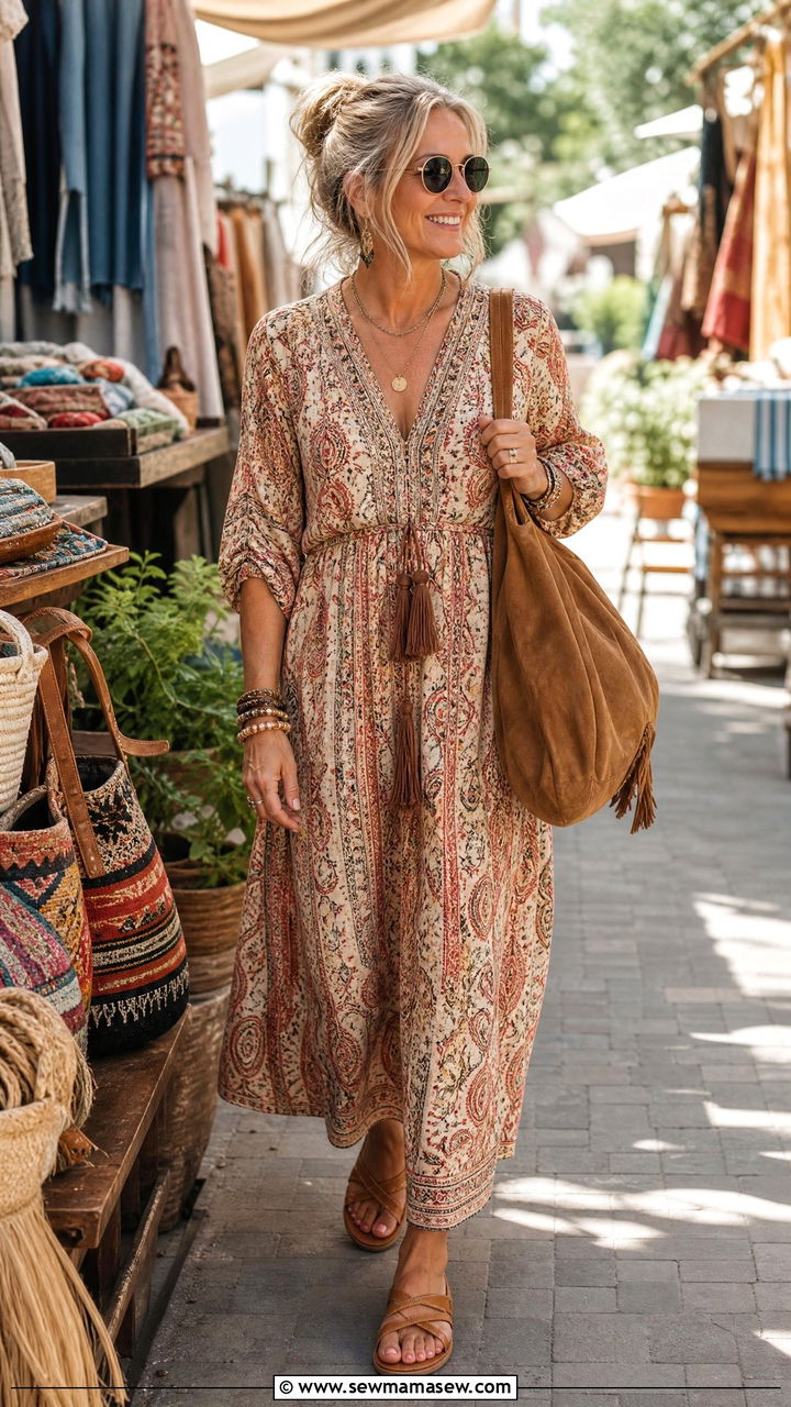 Boho midi dress with layered bracelets - 30 midi dress outfits for women over 40