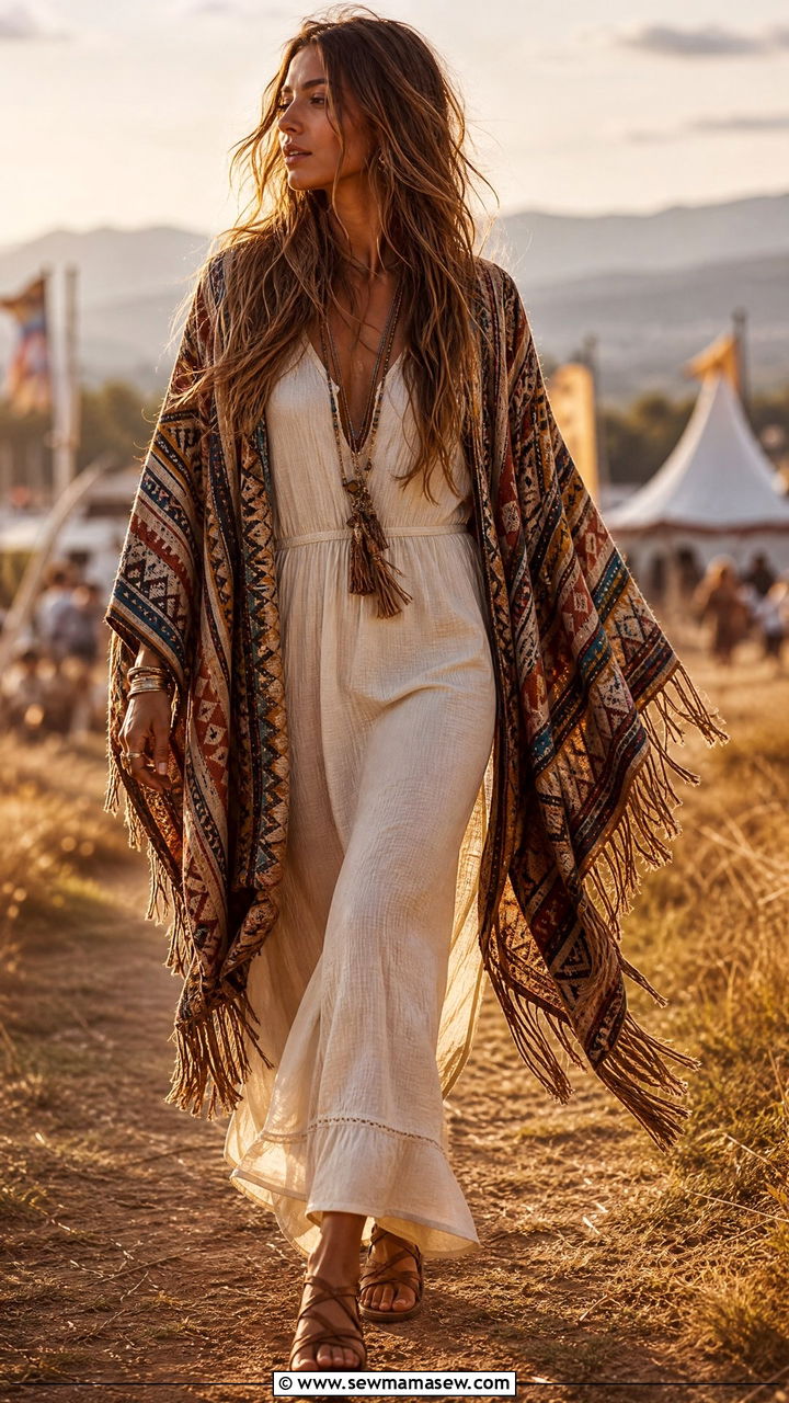 Boho poncho with maxi dress and flat sandals - 25 How to style a poncho