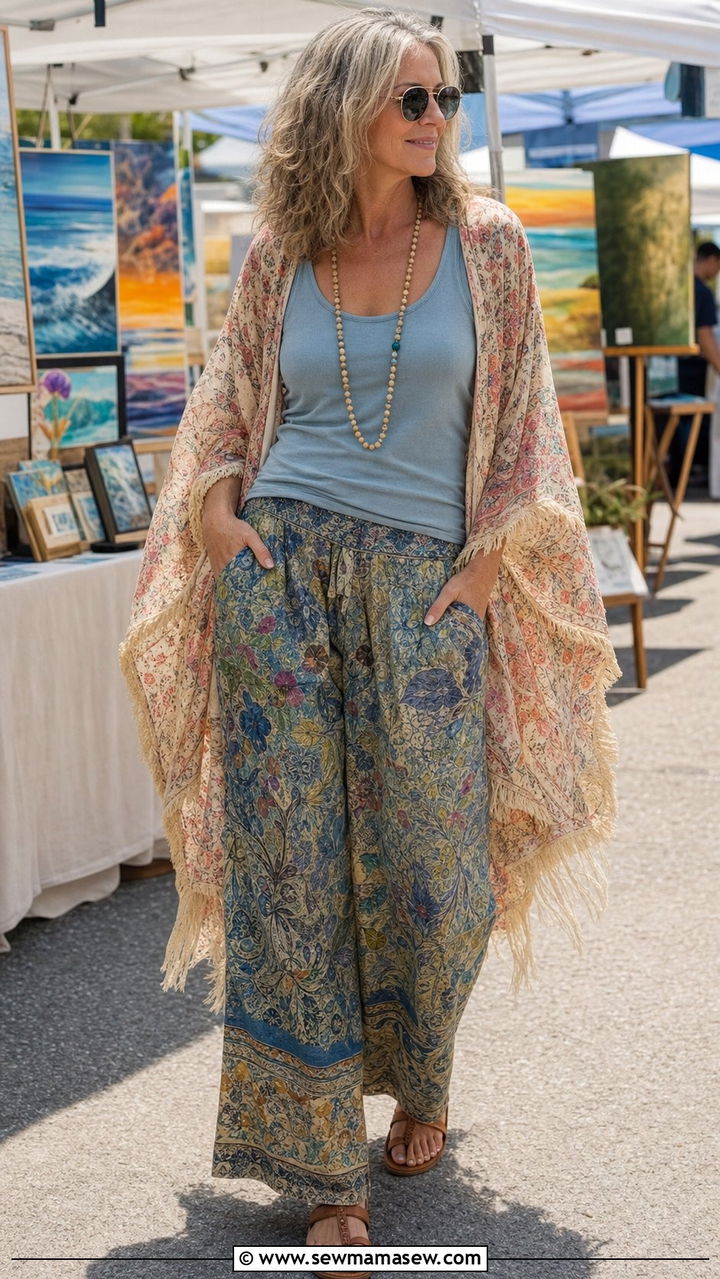 Boho print beach pants with tank top and kimono - 25 Cover up outfit ideas for women over 50