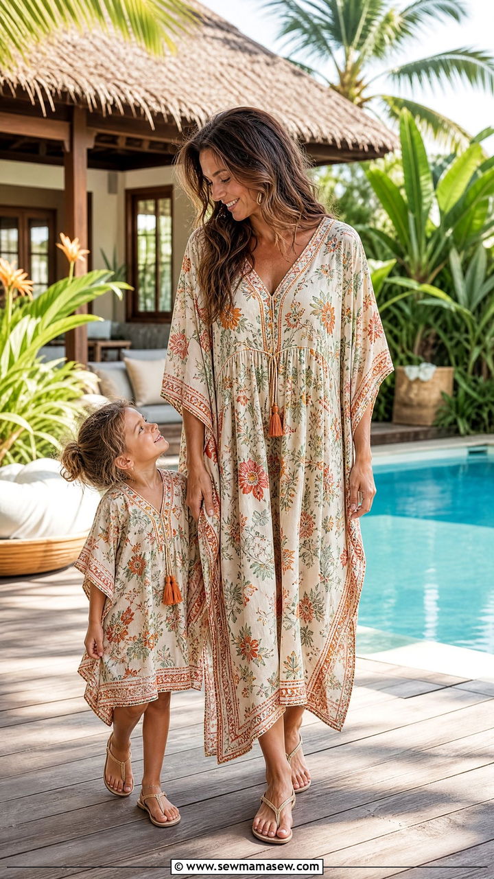 Boho print kaftan and flat thong sandals outfit - 30 Summer mommy and me outfits
