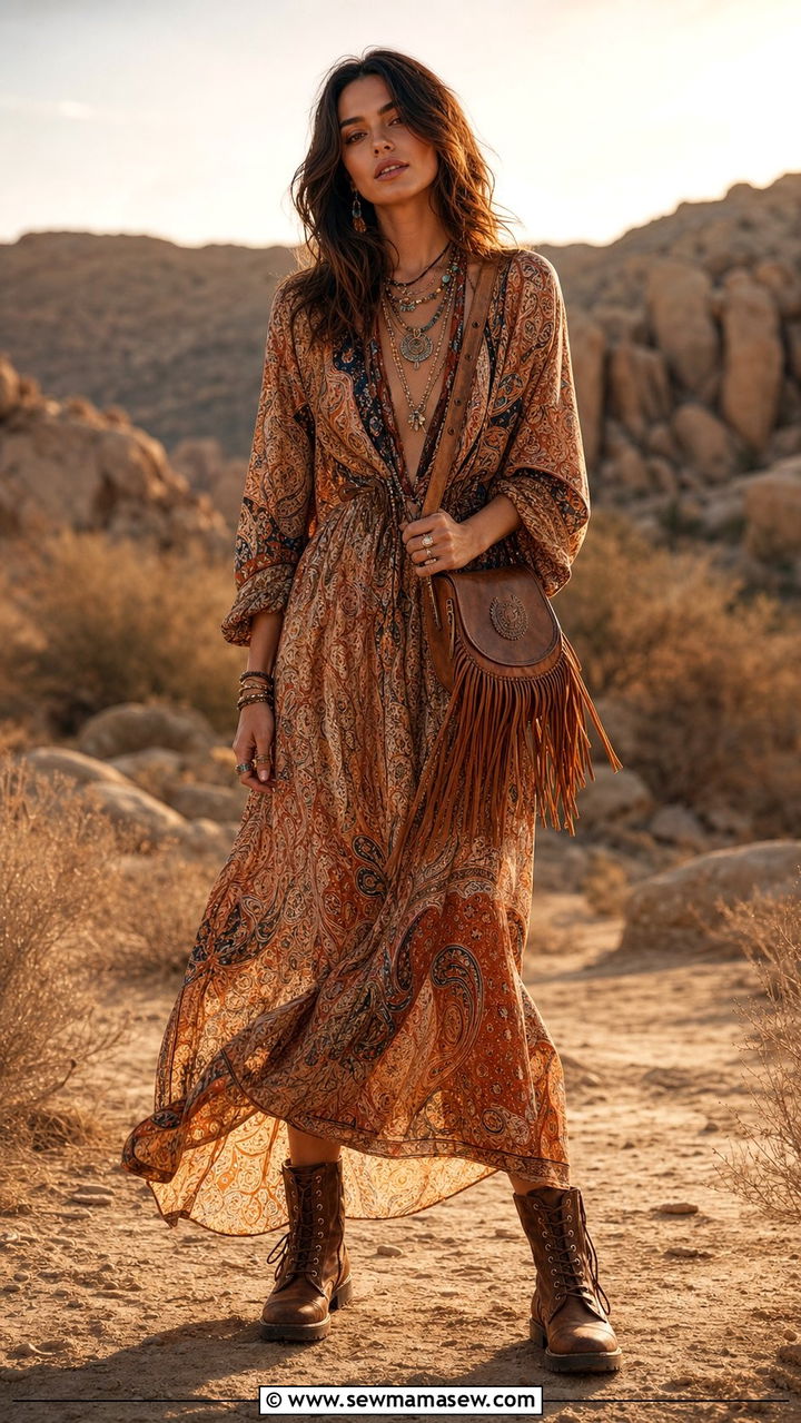Boho print maxi dress with combat boots - 25 Summer outfits with combat boots