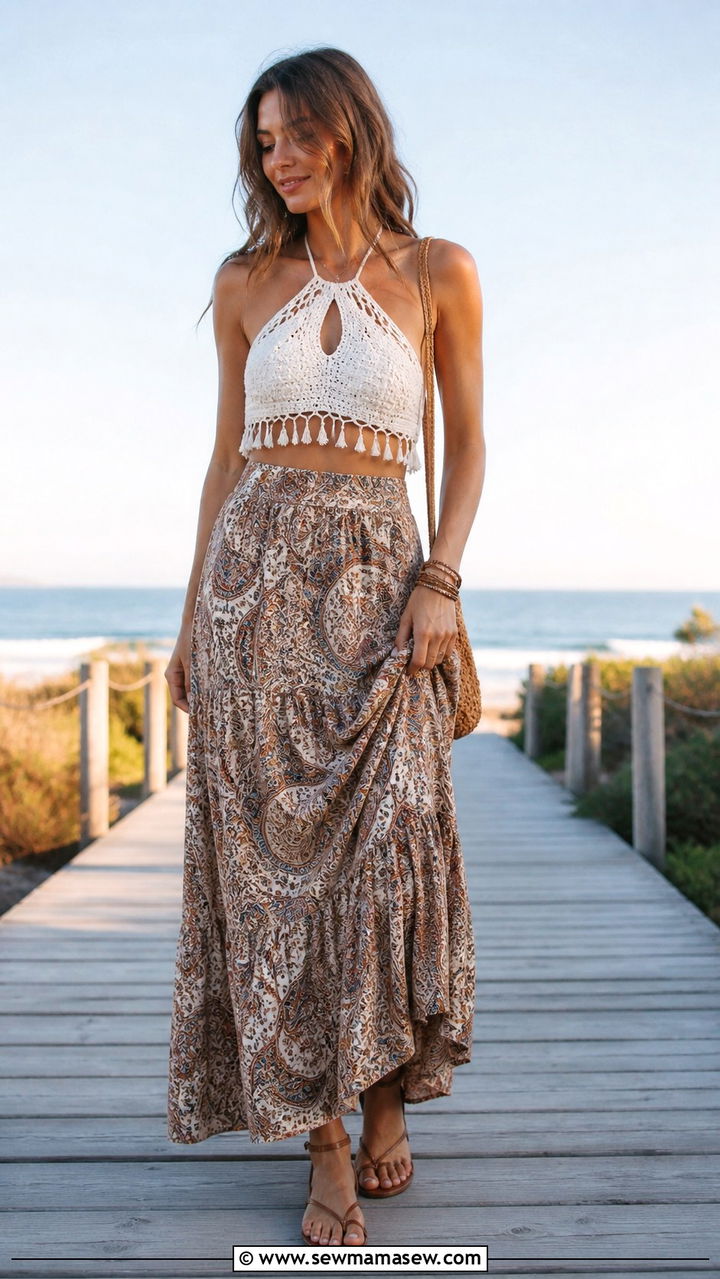 Boho print maxi skirt with crochet top and flat sandals - 40 maxi skirt outfits