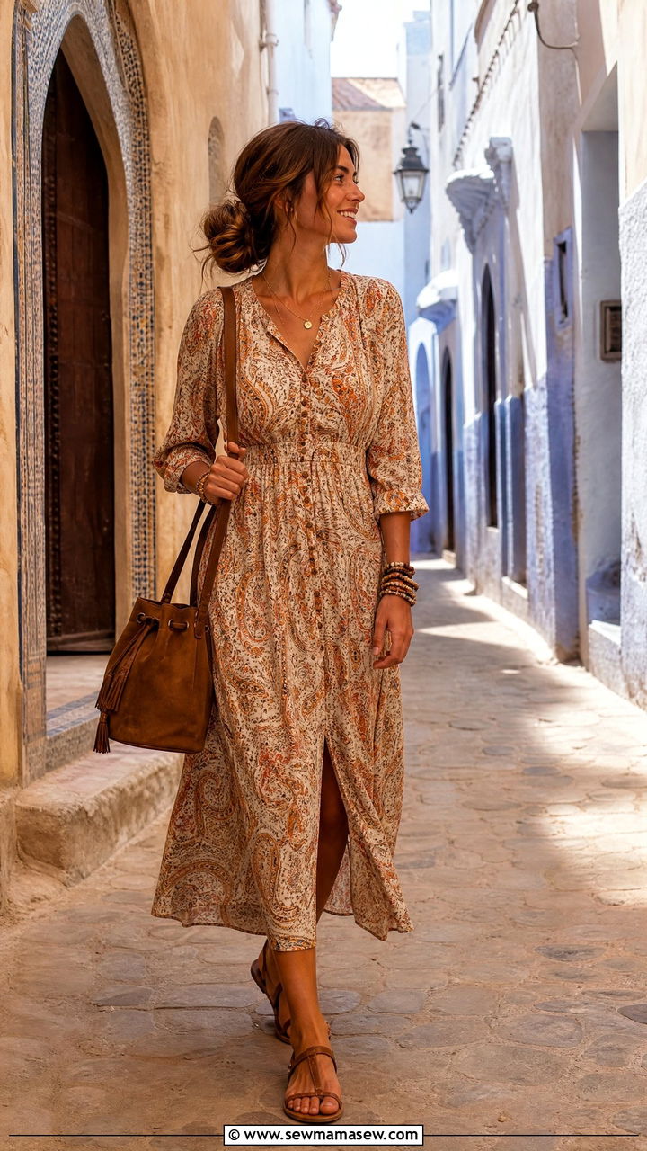 Boho print midi dress with flat sandals - 25 Fes outfit ideas