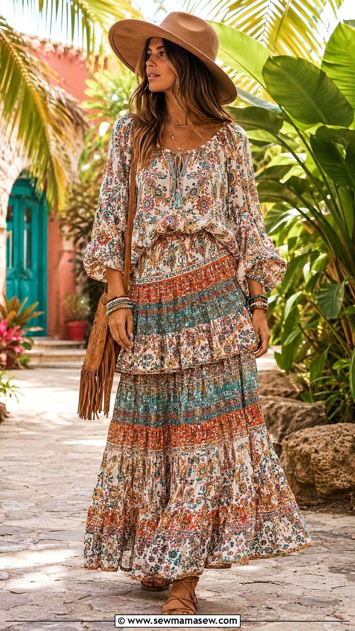 Boho print peasant top and tiered maxi skirt vacation outfit - 30 Top and skirt matching set outfit ideas