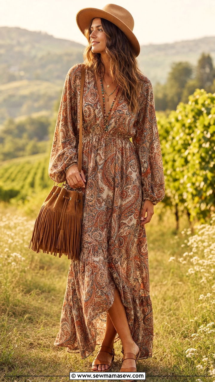 Boho printed maxi dress with a tassel fringe bucket bag - 35 Bucket bag outfit ideas