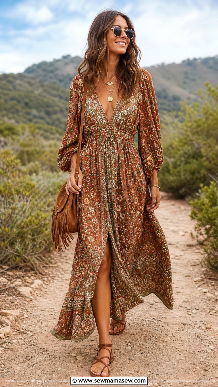 Boho printed maxi dress with flat sandals - 40 Summer outfits with dresses