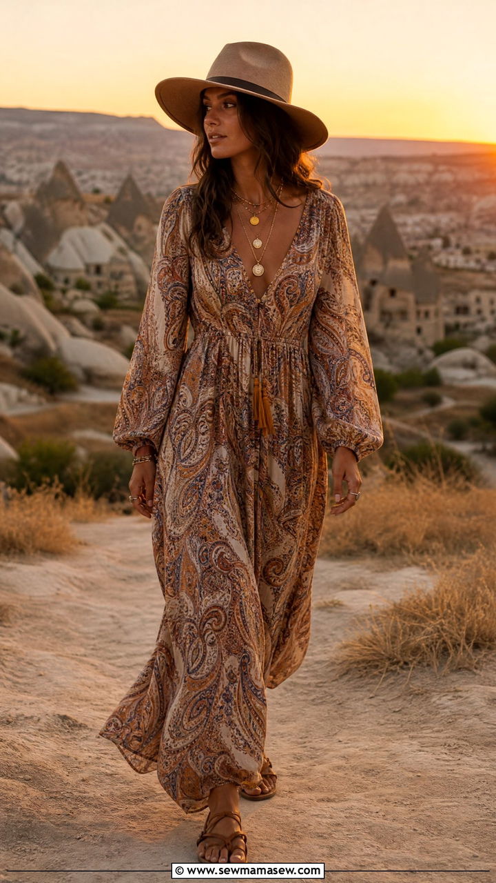 Boho printed maxi dress with layered necklace Cappadocia - 25 Cappadocia outfit ideas