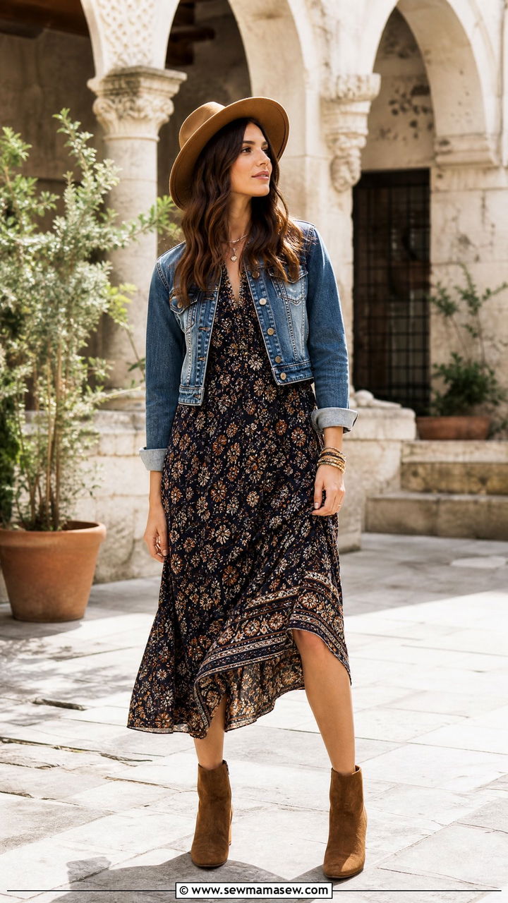 Boho printed midi dress with ankle boots - 25 Izmir outfit ideas