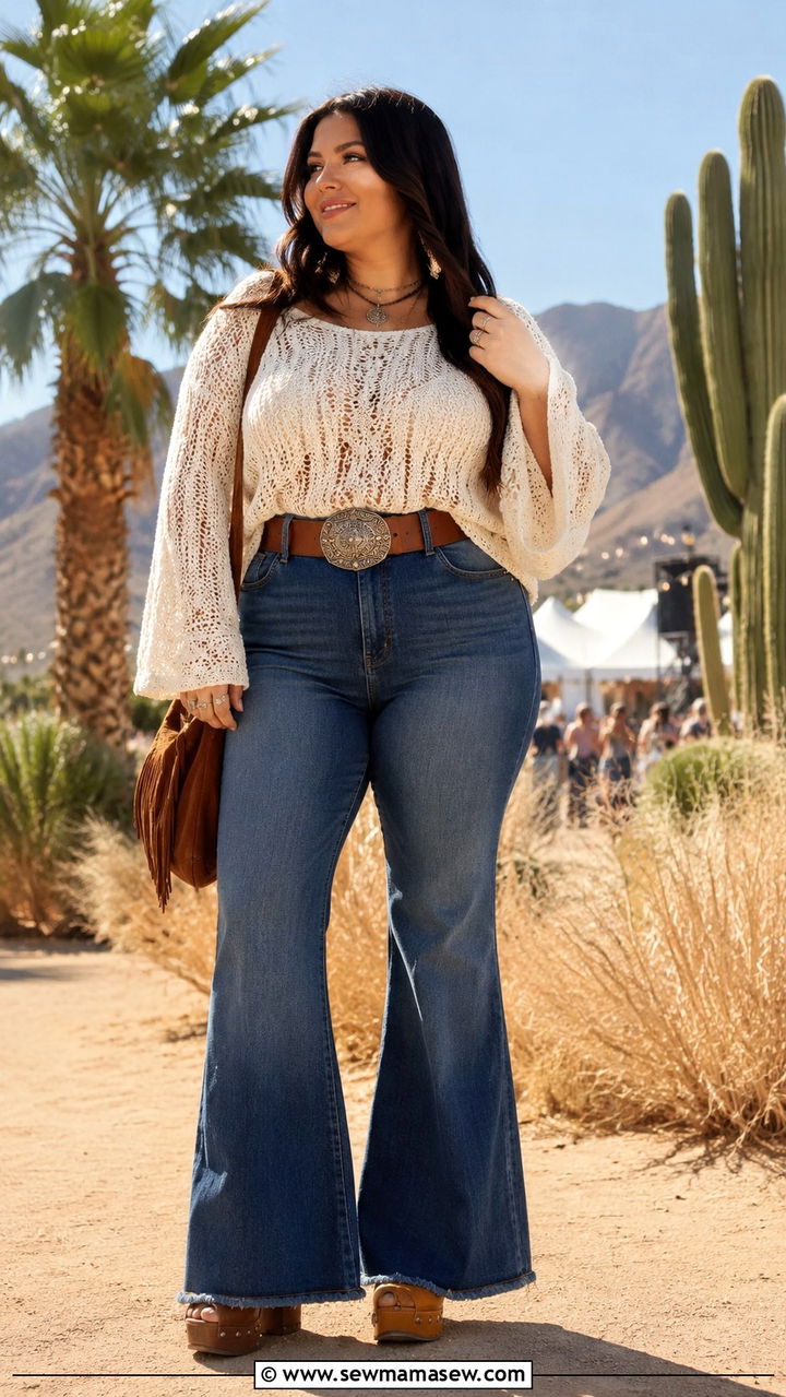 Boho sweater with flare jeans outfit - 30 Sweater outfit ideas plus size
