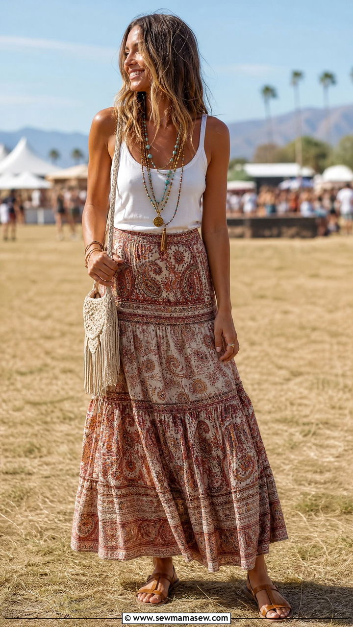 Boho tiered maxi skirt with a simple tank - 30 Summer outfits for tall women