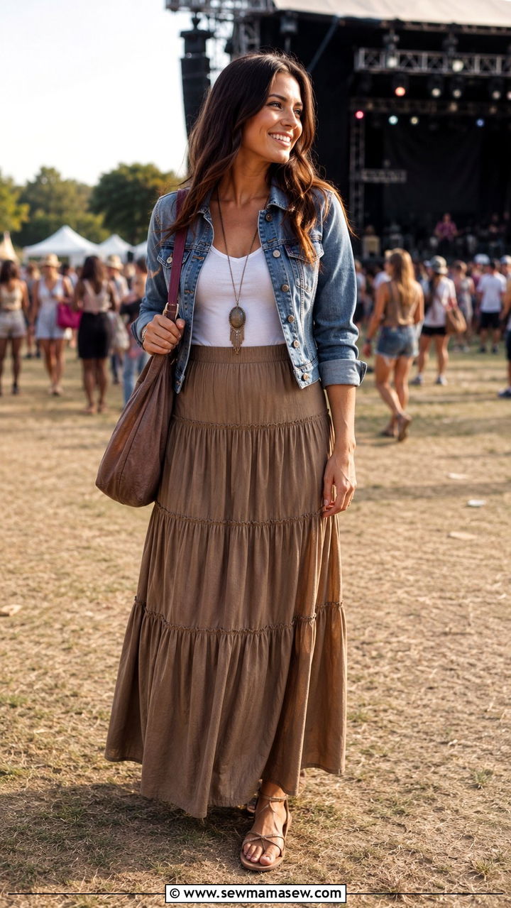 Boho tiered maxi skirt with cropped denim jacket and sandals - 30 modest summer concert outfit ideas