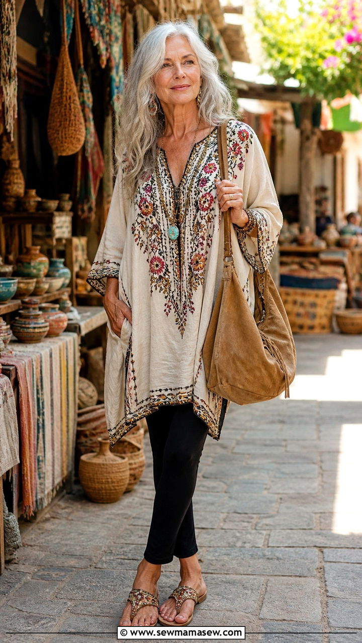 Boho tunic and leggings outfit for women over 60 - 40 How to dress in your 60s