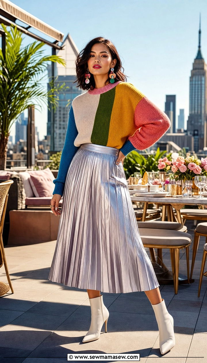 Bold Color Blocked Sweater Over Pleated Metallic Midi Skirt - 25 classy maximalist outfits