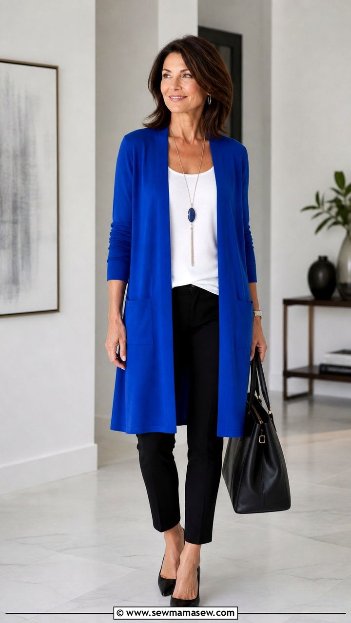 Bold Colored Cardigan with Dark Ankle Pants - 20 55 year old woman outfit ideas
