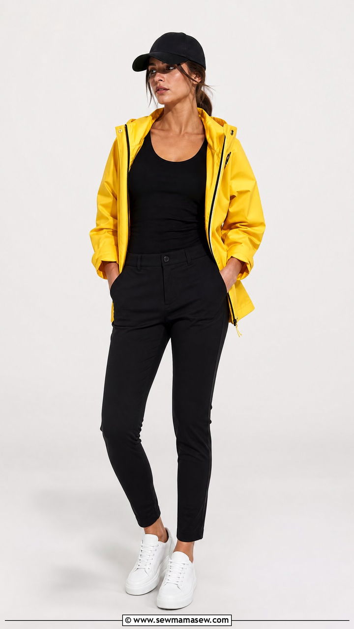 Bold Colored Rain Jacket and Neutral Layers Spring Rain Outfit - 25 Spring rain outfit ideas