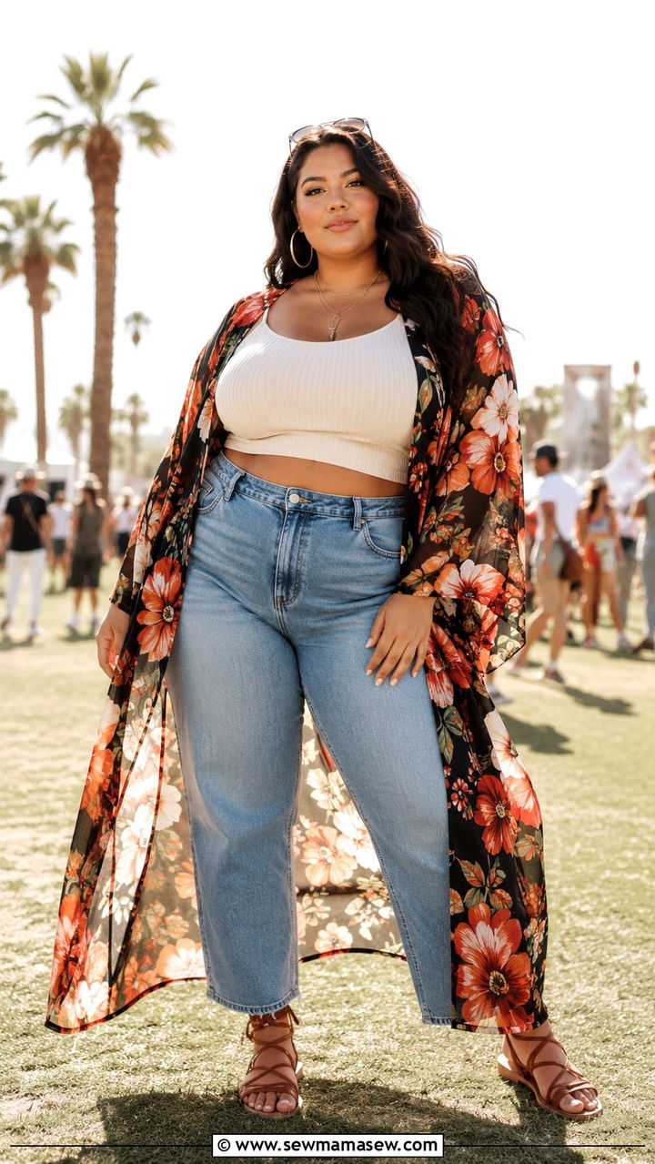 Bold Floral Kimono Over Crop Top And High Waisted Straight Jeans - 30 Plus size outfit ideas for festival