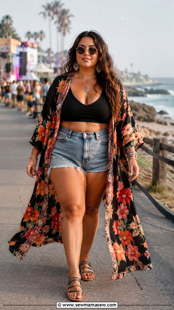 Bold Floral Kimono With Fitted Crop Top And High Waisted Shorts - 30 plus size music festival outfit ideas