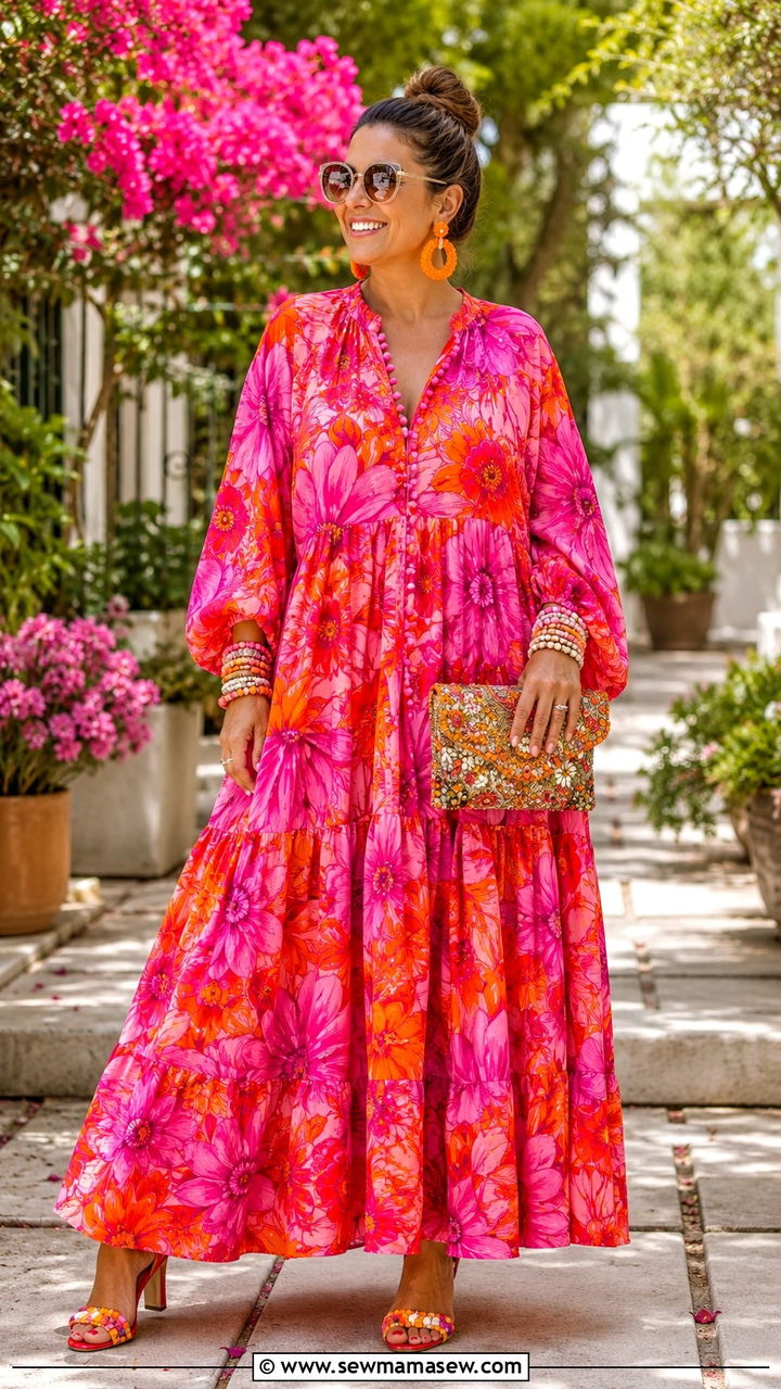 Bold Floral Maxi Dress With Colorful Heels Maximalist Outfit - 20 cute maximalist outfits