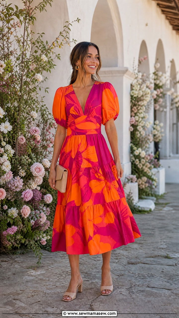 Bold Floral Midi Dress With Simple Mules - 30 summer midi dress outfit ideas